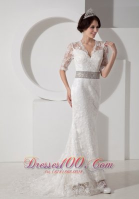 Lace V Neck Brush Wedding Dress Colored Sash