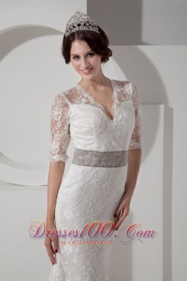 Lace V Neck Brush Wedding Dress Colored Sash