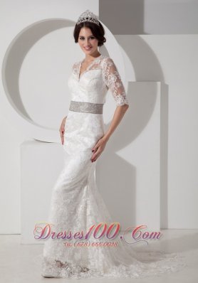 Lace V Neck Brush Wedding Dress Colored Sash