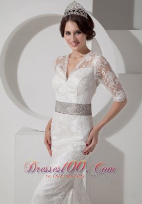 Lace V Neck Brush Wedding Dress Colored Sash