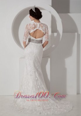 Lace V Neck Brush Wedding Dress Colored Sash