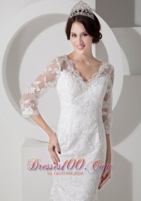 V Neck Mermaid Brush Lace Sleeves Wedding Dress