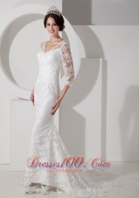 V Neck Mermaid Brush Lace Sleeves Wedding Dress