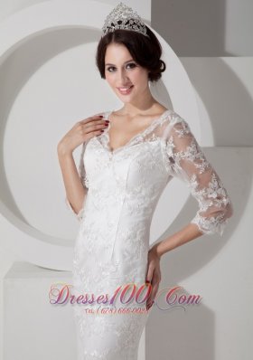 V Neck Mermaid Brush Lace Sleeves Wedding Dress