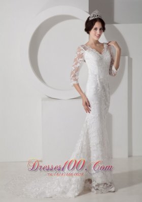 V Neck Mermaid Brush Lace Sleeves Wedding Dress