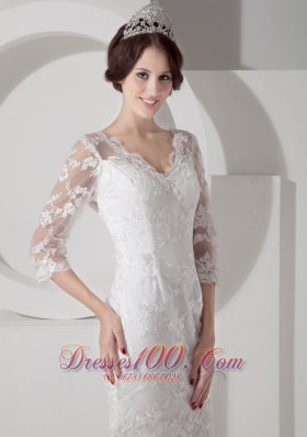 V Neck Mermaid Brush Lace Sleeves Wedding Dress