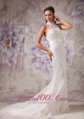 High Neck Lace Mermaid Beaded Wedding Dress