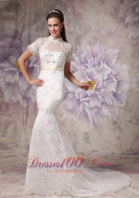 Mermaid High Neck Lace Beading Wedding Dresses