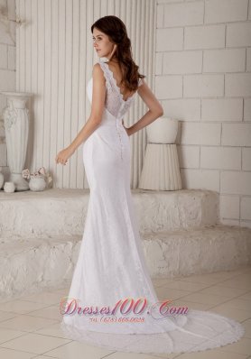 V Neck Court Train Lace Mermaid Wedding Gowns