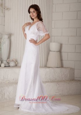 Sheath Lace V Neck Court Train Bridal Dress