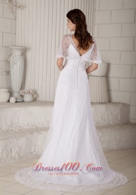 Sheath Lace V Neck Court Train Bridal Dress