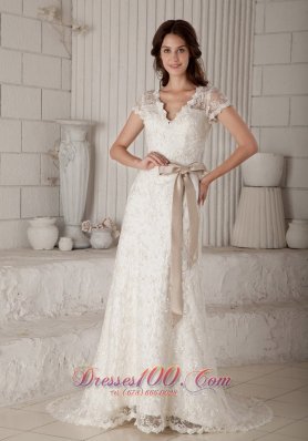 V Neck Sash Lace Brush Bridal Wedding Dress