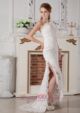 Lace One Shoulder Wedding Dress Brush Train