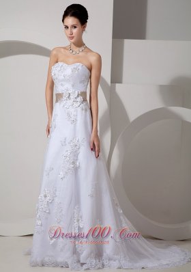 Colored Belt Lace Court Train Wedding Dress