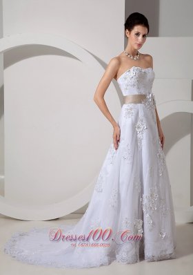 Colored Belt Lace Court Train Wedding Dress