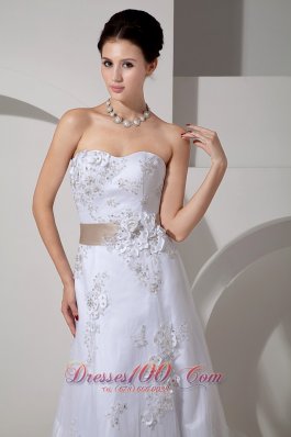 Colored Belt Lace Court Train Wedding Dress