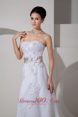 Colored Belt Lace Court Train Wedding Dress