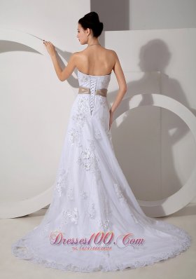 Colored Belt Lace Court Train Wedding Dress