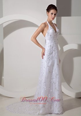 Beaded Halter Ruch Lace Court Wedding Dress