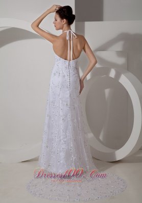 Beaded Halter Ruch Lace Court Wedding Dress