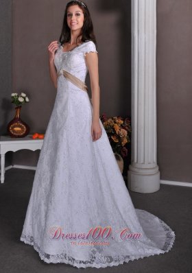 Lace V Neck Beading Court Wedding Dress Bridal