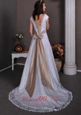 Lace V Neck Beading Court Wedding Dress Bridal