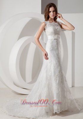 Square Court Train Wedding Bridal Dress Sashed