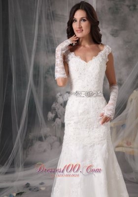 Organza V Neck Appliques Sash Wedding Dress