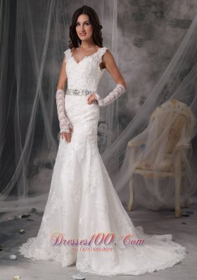 Organza V Neck Appliques Sash Wedding Dress