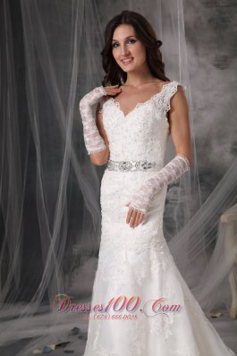 Organza V Neck Appliques Sash Wedding Dress