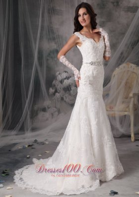 Organza V Neck Appliques Sash Wedding Dress