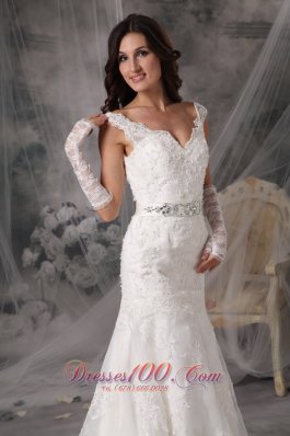 Organza V Neck Appliques Sash Wedding Dress