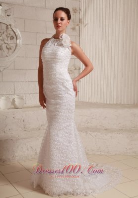 Halter Hand Made Flower Lace Wedding Gowns