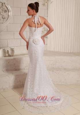 Halter Hand Made Flower Lace Wedding Gowns