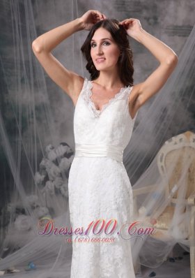 V Neck Lace Wedding Dress Brush Train Sashed
