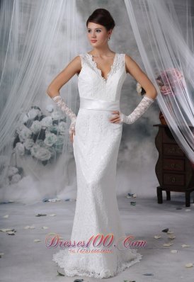 Sash Lace V Neck Brush Bridal Wedding Dress
