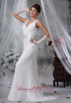 Sash Lace V Neck Brush Bridal Wedding Dress