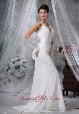 Sash Lace V Neck Brush Bridal Wedding Dress