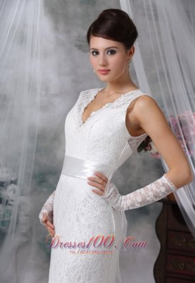 Sash Lace V Neck Brush Bridal Wedding Dress