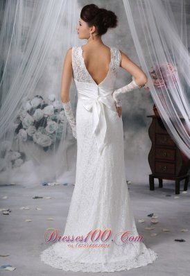 Sash Lace V Neck Brush Bridal Wedding Dress