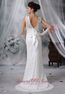 Sash Lace V Neck Brush Bridal Wedding Dress