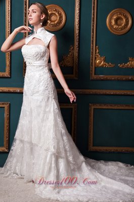 Lace High Low Chapel Train Sash Wedding Dress