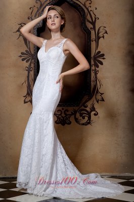 Beading V Neck Lace Court Train Wedding Dresses