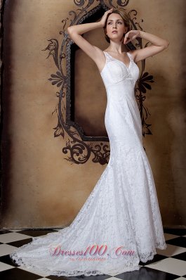 Beading V Neck Lace Court Train Wedding Dresses