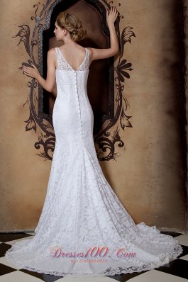 Beading V Neck Lace Court Train Wedding Dresses