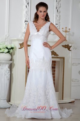 Lace V Neck Appliques Column Court Wedding Dress