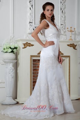 Lace V Neck Appliques Column Court Wedding Dress