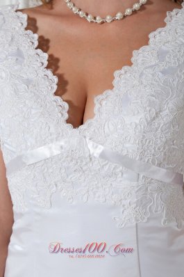 Lace V Neck Appliques Column Court Wedding Dress