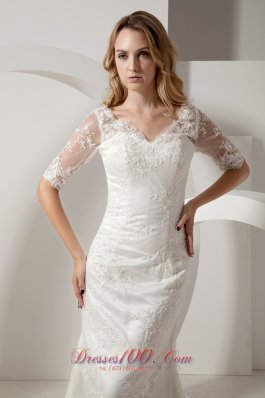 Mermaid V Neck Taffeta Lace Sleeves Wedding Dress