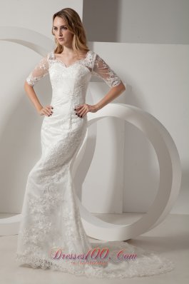 Mermaid V Neck Taffeta Lace Sleeves Wedding Dress